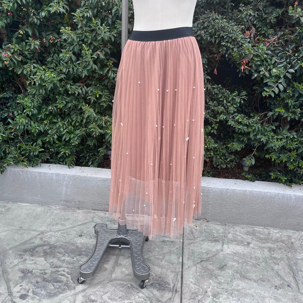 Sadie & Love Taupe Pleated Tulle Pearl Embellished Midi Skirt L/XL
